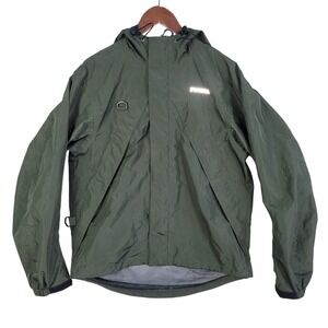 Frabill F1 Rainsuit Fishing Jacket Mens Small Green Hooded Reflective 3M Fullzip